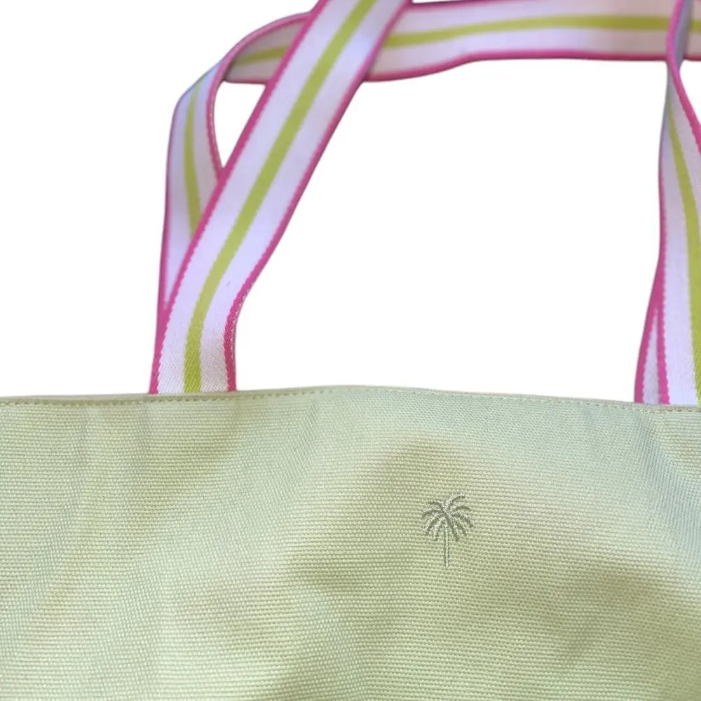 Lilly Pulitzer Green Pink Canvas‎ Tote Bag with Embroidered Palm Tree